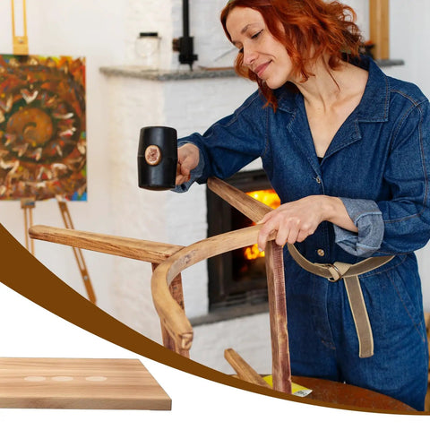 Woman sanding furniture with pocket hole plugs, product type 300 Pack Solid Wood Pocket Hole Plugs For Pocket Hole Jig visible on table.