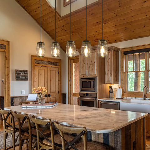 Five Light Mason Jar Pendant Lighting Fixture Black Rustic Farmhouse Chandelier in kitchen with wood accents and marble island