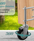Heavy Duty 4 Inch Gate Caster With Brake For Wooden Gates, 250 Lb Capacity, spring loaded solid rubber wheel attached to gate