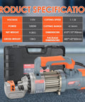 Centall 5/8 Inch Electric Hydraulic Rebar Cutter RC16B Orange with specifications and carrying case for easy transport.