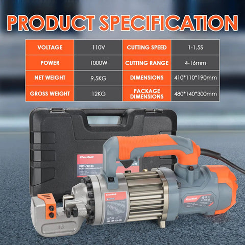 Centall 5/8 Inch Electric Hydraulic Rebar Cutter RC16B Orange with specifications and carrying case for easy transport.