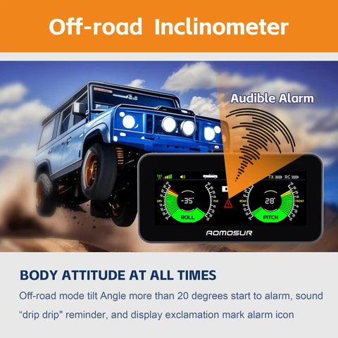 Wireless RV Leveling System And Off Road Inclinometer With Slick Magnetic Base, showing tilt readings while an off-road vehicle drives.