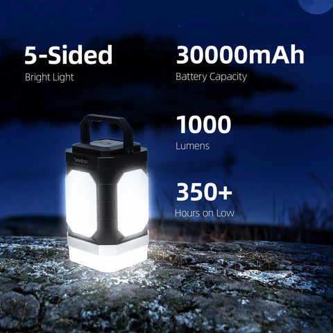 Rechargeable Camping Lantern With Five Sided Lighting, 1000 Lumens, 350 Hour Runtime, 30000mAh Power Bank displayed outdoors at night
