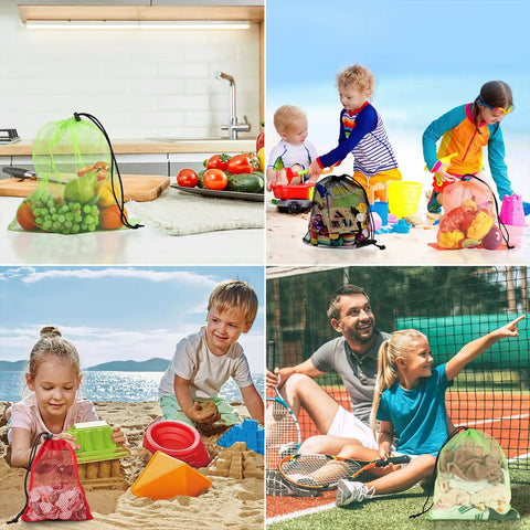12 Pack Tough Nylon Mesh Drawstring Bags 13 By 15.5 Inches With Cord Lock Closure on kitchen counter and beach