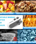 Mini 2 In 1 Bag Sealer And Cutter Portable USB C Rechargeable Heat Seal Machine With Magnet For Plastic Bags White Resealer Gadget For Kitchen And Travel Handy On The Go Must Have, showing various uses with fresh fruits and snacks.