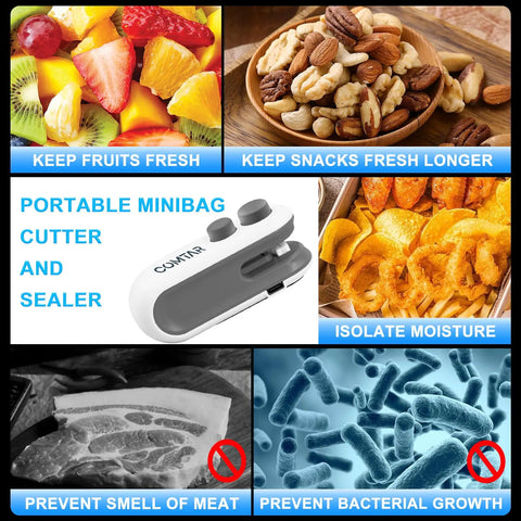 Mini 2 In 1 Bag Sealer And Cutter Portable USB C Rechargeable Heat Seal Machine With Magnet For Plastic Bags White Resealer Gadget For Kitchen And Travel Handy On The Go Must Have, showing various uses with fresh fruits and snacks.