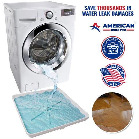 Durable Undrilled Washing Machine Drain Pan Tray With Included One Inch Drain Fitting For Washer And Dryer Floor Protection Against Leaks And Water Damage In White Color under a leaking washing machine