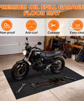 Oil Spill Mat For Driveway And Garage Floor 36x60 Heavy Duty Protector with motorcycle and tools on mat in garage