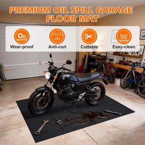 Oil Spill Mat For Driveway And Garage Floor 36x60 Heavy Duty Protector with motorcycle and tools on mat in garage