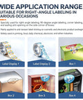 Wide application for right-angle labeling with labels and boxes shown, highlighting the Semi Automatic PLC Corner Labeler Machine With Touch Screen Control For 25To30mm Boxes High Precision Plus Or Minus Point Five Mm Accuracy Fast And Easy Setup Ideal For Industrial Packaging Applications.