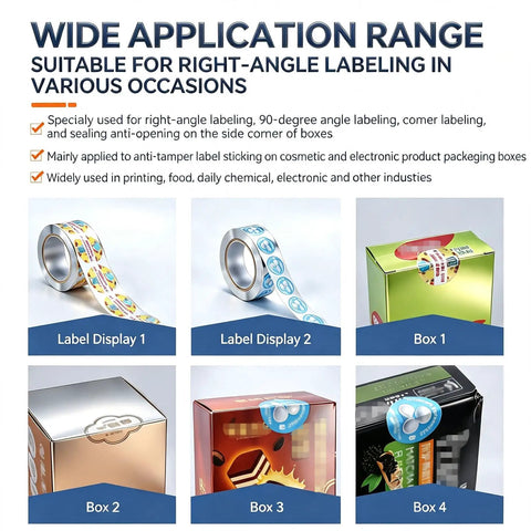 Wide application for right-angle labeling with labels and boxes shown, highlighting the Semi Automatic PLC Corner Labeler Machine With Touch Screen Control For 25To30mm Boxes High Precision Plus Or Minus Point Five Mm Accuracy Fast And Easy Setup Ideal For Industrial Packaging Applications.