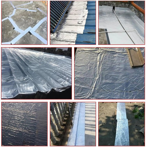 No Sweat Roof Leaks Gone Fast With Heavy Duty Self Adhesive Asphalt Roofing Tape Waterproof Flashing Sealant for Sheds and Gutters applied on roofs.