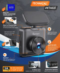5K Front Dash Cam With GPS And 5G WiFi Sony STARVIS Sensor HDR Night Vision Crystal Clear 5120X2160P Video, showcasing components and features.