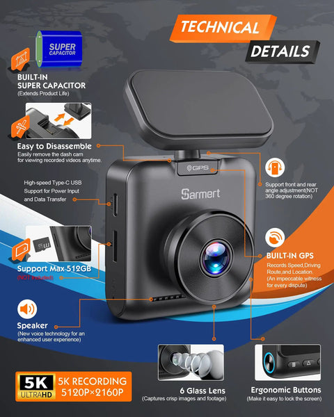 5K Front Dash Cam With GPS And 5G WiFi Sony STARVIS Sensor HDR Night Vision Crystal Clear 5120X2160P Video, showcasing components and features.