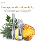 Pro Grade Stainless Steel Pineapple Eye Remover Tool Set Of 4 With V Shape Design and tweezers next to halved pineapple