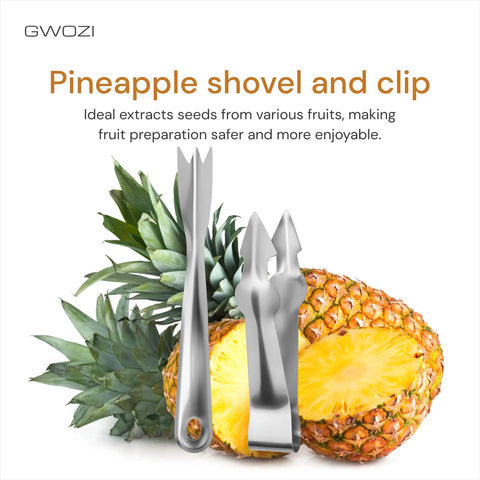 Pro Grade Stainless Steel Pineapple Eye Remover Tool Set Of 4 With V Shape Design and tweezers next to halved pineapple