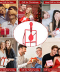 Collage of people exchanging gifts for various occasions with red double blast spinner steel target in the center.