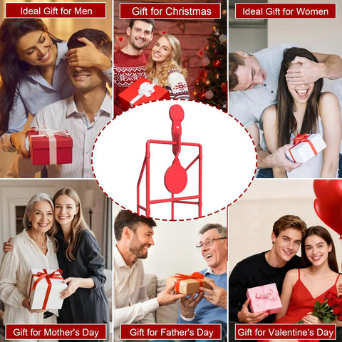 Collage of people exchanging gifts for various occasions with red double blast spinner steel target in the center.