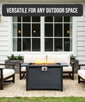 Propane Fire Pit Table 43 Inch Rectangle Outdoor Gas Fire Pit for Patio Balcony and Backyard beside outdoor seating area