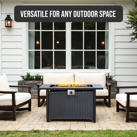 Propane Fire Pit Table 43 Inch Rectangle Outdoor Gas Fire Pit for Patio Balcony and Backyard beside outdoor seating area