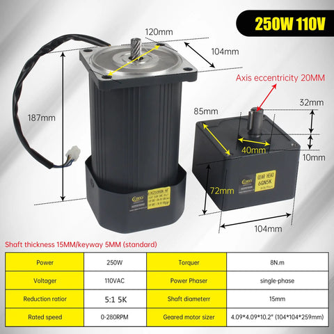 Beefy 250W 110V AC Adjustable Gear Reducer Motor With 0-280 RPM Speed Governor High Torque 8 Nm CW CCW 5 To 1 Reduction 15 Mm Shaft Single Phase Variable Speed Control For Machinery, showing dimensions and features.