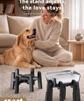 Pawfect Dog Water Dispenser Stand With A Massive 5 Liter Stainless Steel Bowl Crafted For Large Breed Dogs Heavy Duty Elevated Hydration Station No Drama Base Quick Rinse Setup Fur Parents Actually Enjoy, adjustable elevated stand and bowl next to a golden retriever.