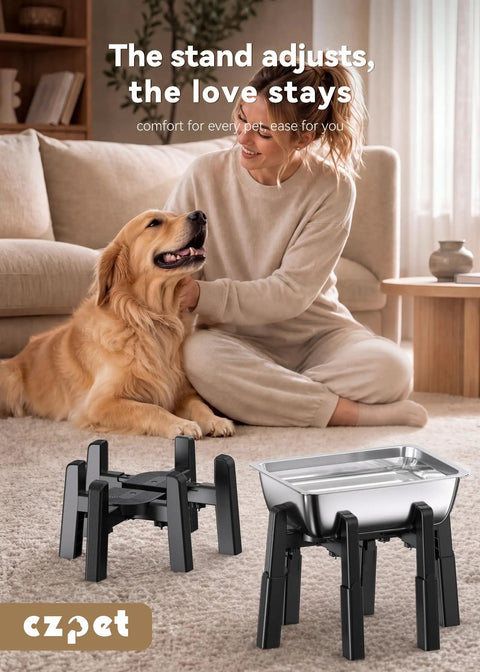 Pawfect Dog Water Dispenser Stand With A Massive 5 Liter Stainless Steel Bowl Crafted For Large Breed Dogs Heavy Duty Elevated Hydration Station No Drama Base Quick Rinse Setup Fur Parents Actually Enjoy, adjustable elevated stand and bowl next to a golden retriever.