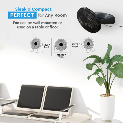 20 Inch High Velocity Floor Fan With Wall Mount And 180 Degree Tilt installed on white wall above seating area