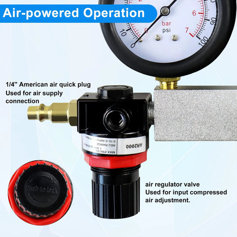 JoyFans cylinder leak-down tester with dual pressure gauges and red regulator knob for gasoline engines