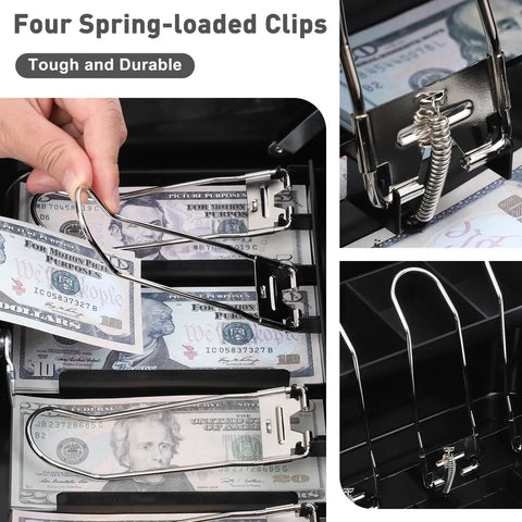 Locking Cash Box With Key Lock And Cash Tray Heavy Duty Steel Money Safe Box with spring-loaded clips and cash tray