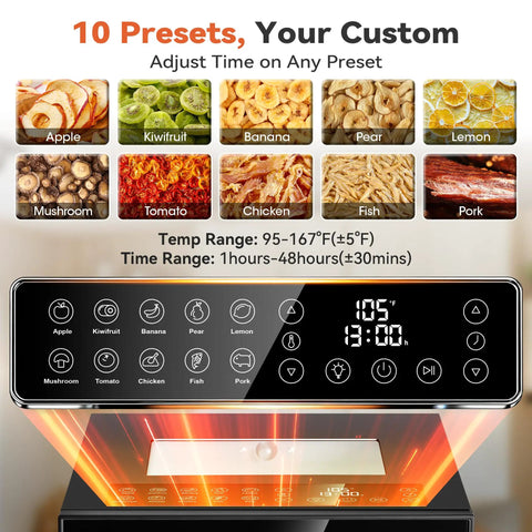 Control panel of Heavy Duty Electric Food Dehydrator Featuring Ten Stainless Steel Trays And Ten Smart Presets for various foods.