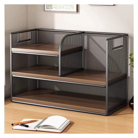 Industrial Style Iron Tabletop Bookshelf with Density Board Open Organizer Shelf for Living Room or Office Space Saver Sturdy Metal Frame Compact 15.7 by 7.8 by 13.3 Inches Easy Assembly and Neat Tidy Display for Books Decor and Accessories