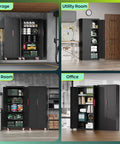 Tall 71 Inch Metal Garage Storage Cabinet On Wheels With Four Adjustable Shelves And Two Locking Doors In Various Rooms