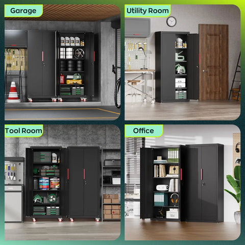 Tall 71 Inch Metal Garage Storage Cabinet On Wheels With Four Adjustable Shelves And Two Locking Doors In Various Rooms