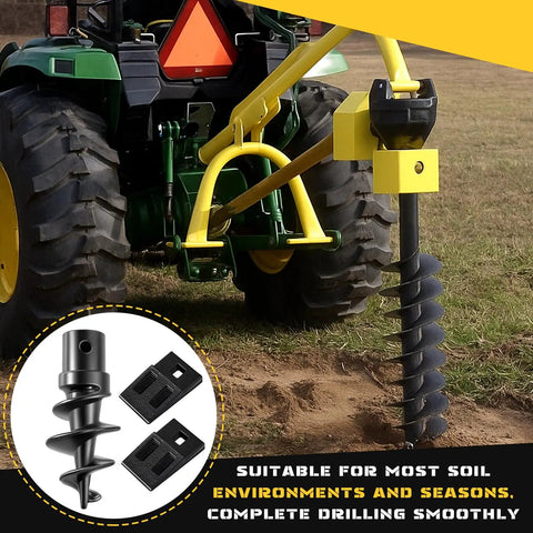 Tractor with bolt on spiral point auger pilot tip and two 3 point cutting edges for heavy duty post hole diggers, 6 to 24 inch bundle