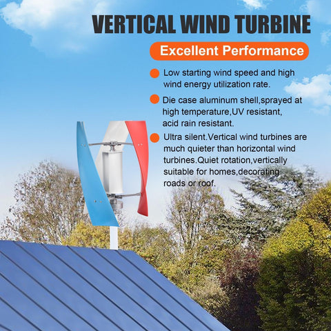3000W Wind Turbine Kit With 12V 24V Vertical Axis Maglev Generator And Controller installed on roof with red and blue blades