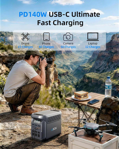 Man using Power On The Go 1024Wh LiFePO4 Portable Power Station With 1800W Pure Sine Wave Output, Solar Generator in nature.
