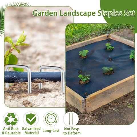 Heavy Duty U Shaped Galvanized Landscape Fabric Pins 200 Pack 6 Inch Garden Stakes With 100 Gaskets securing plants in soil and raised bed
