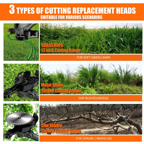 Cordless 13 Inch String Trimmer Weed Wacker with 2 x 21V 6.0Ah Batteries and Charger 4 In 1 Trimmer Edger Lawn Mower Brush Cutter Electric Grass Cutter 15000 RPM Motor 3 Cutting Methods with grass rope, metal, and saw blades for various scenarios