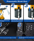 Pro-Grade Pneumatic Rivet Gun Kit step-by-step setup with self-suction auto feed, 4 nozzles, switch interface for auto repair