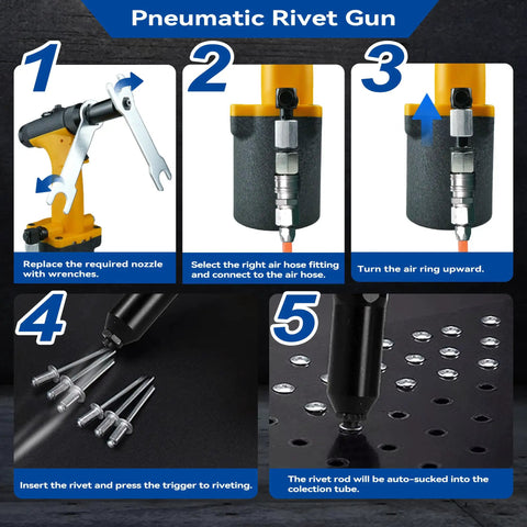 Pro-Grade Pneumatic Rivet Gun Kit step-by-step setup with self-suction auto feed, 4 nozzles, switch interface for auto repair