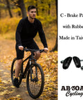 Cyclist on forest path with Beefed Up C Brake Pads For Road Bike BMX City Bicycle Replacement Shoes 48mm Pair beside image
