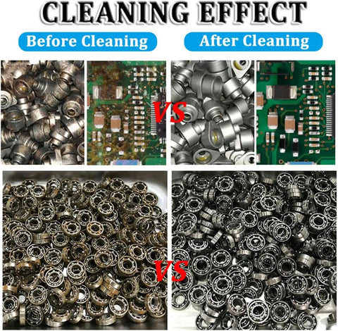 Before and after images showing cleaning results of parts using Kickass Ultrasonic Cleaner With Built In Heater And Digital Timer.