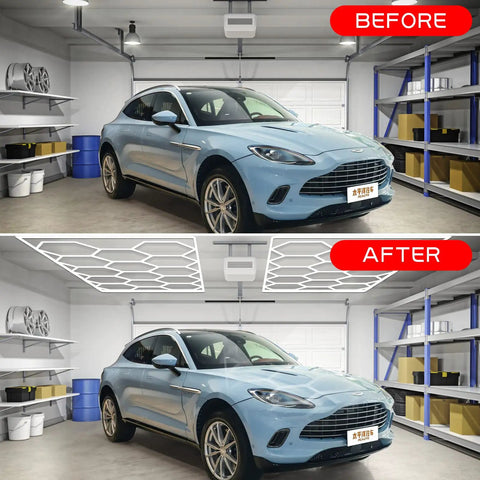 Before and after installation of Hexagonal LED Garage Light 12 Pack 210W 21600 Lumens Ultra Bright Beast Mode 5000K Cool White