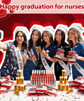 Women with RN BSN sashes using Epic Nursing Graduation Party Supplies Kit 102 Pcs Includes Blood Bag Drink Pouches for celebration.