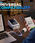 Label Printer PM220 Bluetooth Portable Thermal Printer For Small Biz with Tape 2-Inch Width, shown with smartphone and laptop.