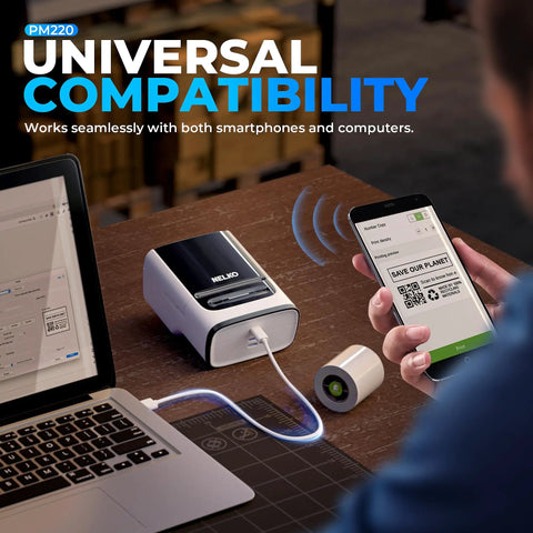 Label Printer PM220 Bluetooth Portable Thermal Printer For Small Biz with Tape 2-Inch Width, shown with smartphone and laptop.