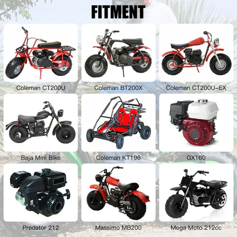 Image showing fitment of Predator 212 Stage 1 Carburetor Kit for Coleman CT200U, CT200U-EX, BT200X, Baja Warrior, Massimo MB200 models.