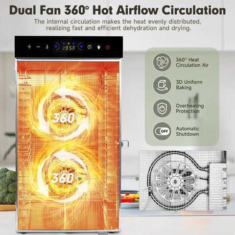 Hella Big 18 Tray Stainless Steel Food Dehydrator Machine With Smooth Touch Panel And 24 Hour Timer showing dual fan 360° hot airflow for efficient drying.