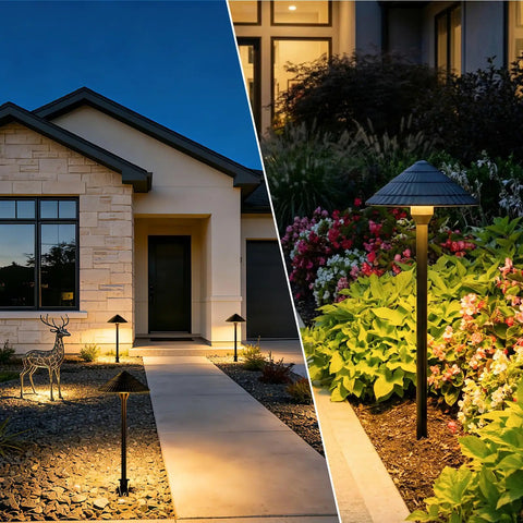 All In One Low Voltage Landscape Lighting Kit With Twelve 5W Pathway Lights And A 96W Transformer For Outdoor Yards Patios And Walkways 2700K Warm White IP66 Waterproof 12 To 24 Volt System highlighting garden path.